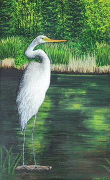 Čaplja na Gradiškem jezeru, akril-platno, 2025, Maja Papež Ilič